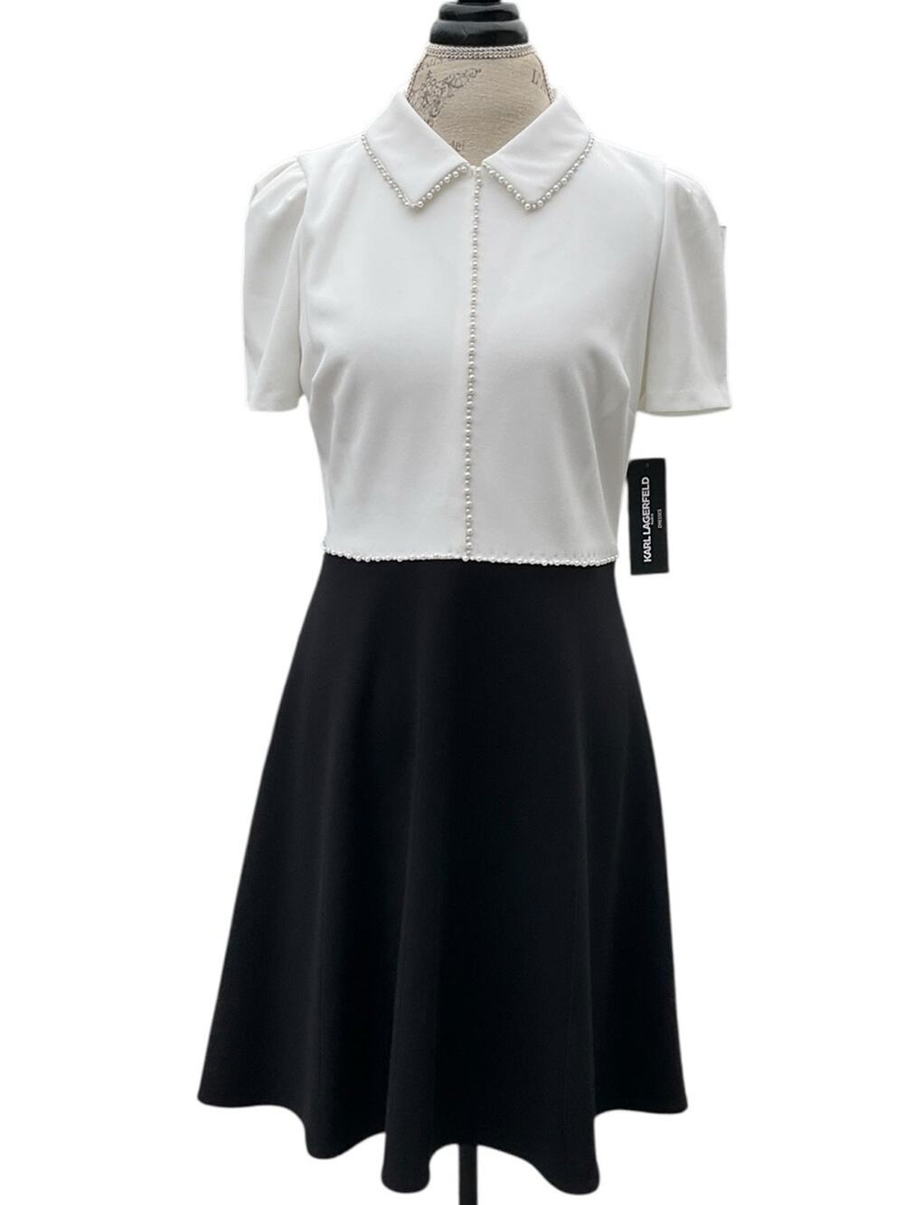 Karl Lagerfeld Paris Women’s Two-Tone Pearl-Trim Midi Dress Size 10 NWT